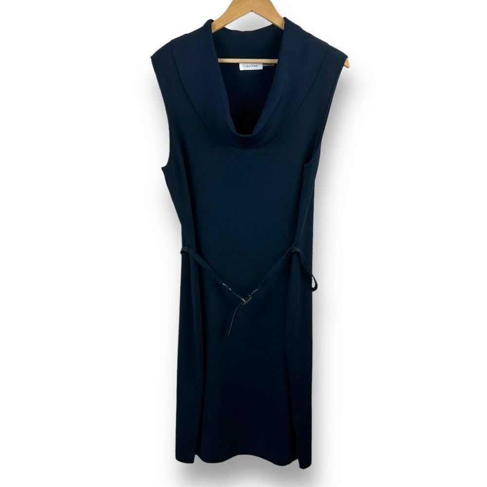 Calvin Klein Women's Size M Cowl Neck Black Pencil‎ Dress Belted Knee Length